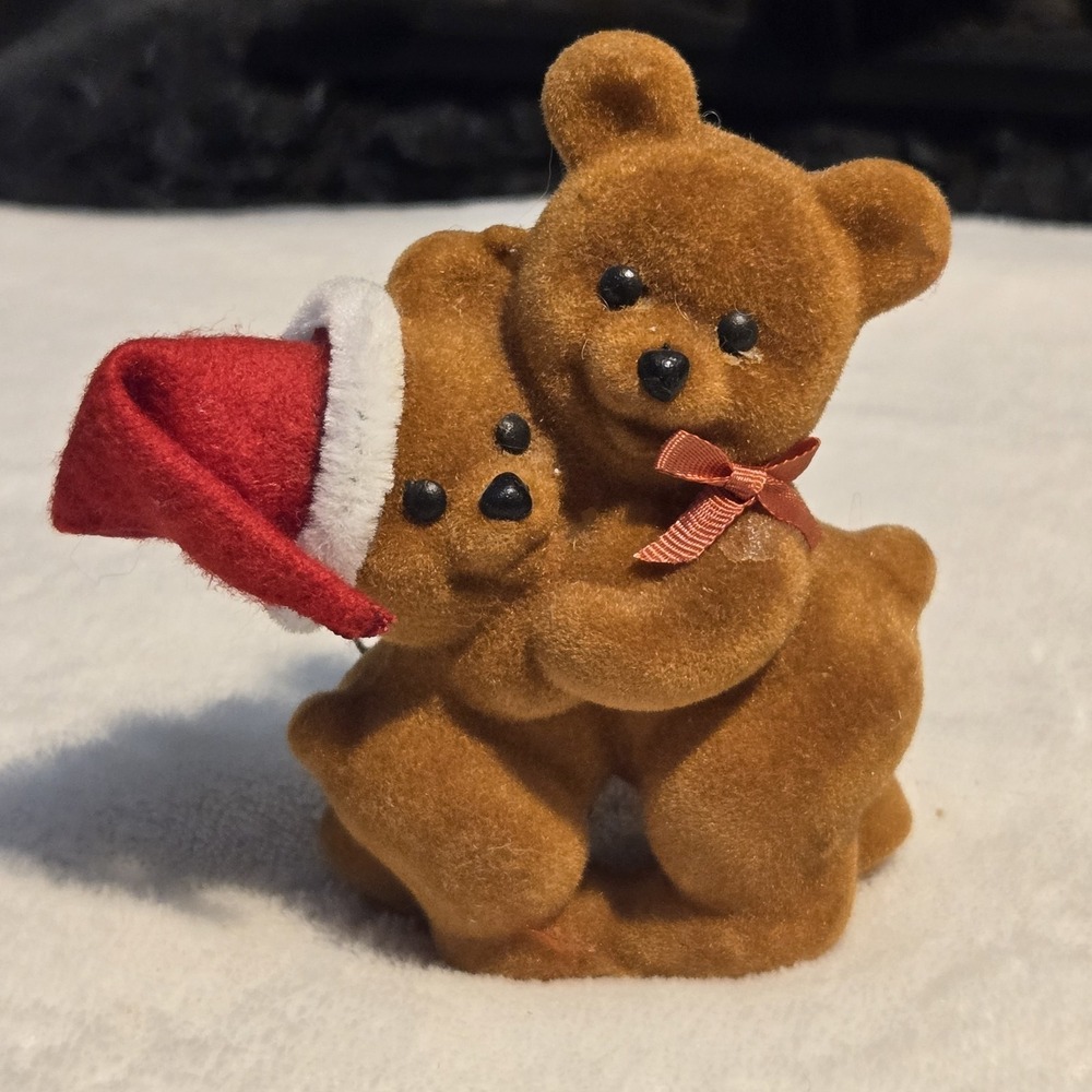 Miniature Flocked Teddy Bear Couple Christmas Santa Hat 3" Holiday Figurine
